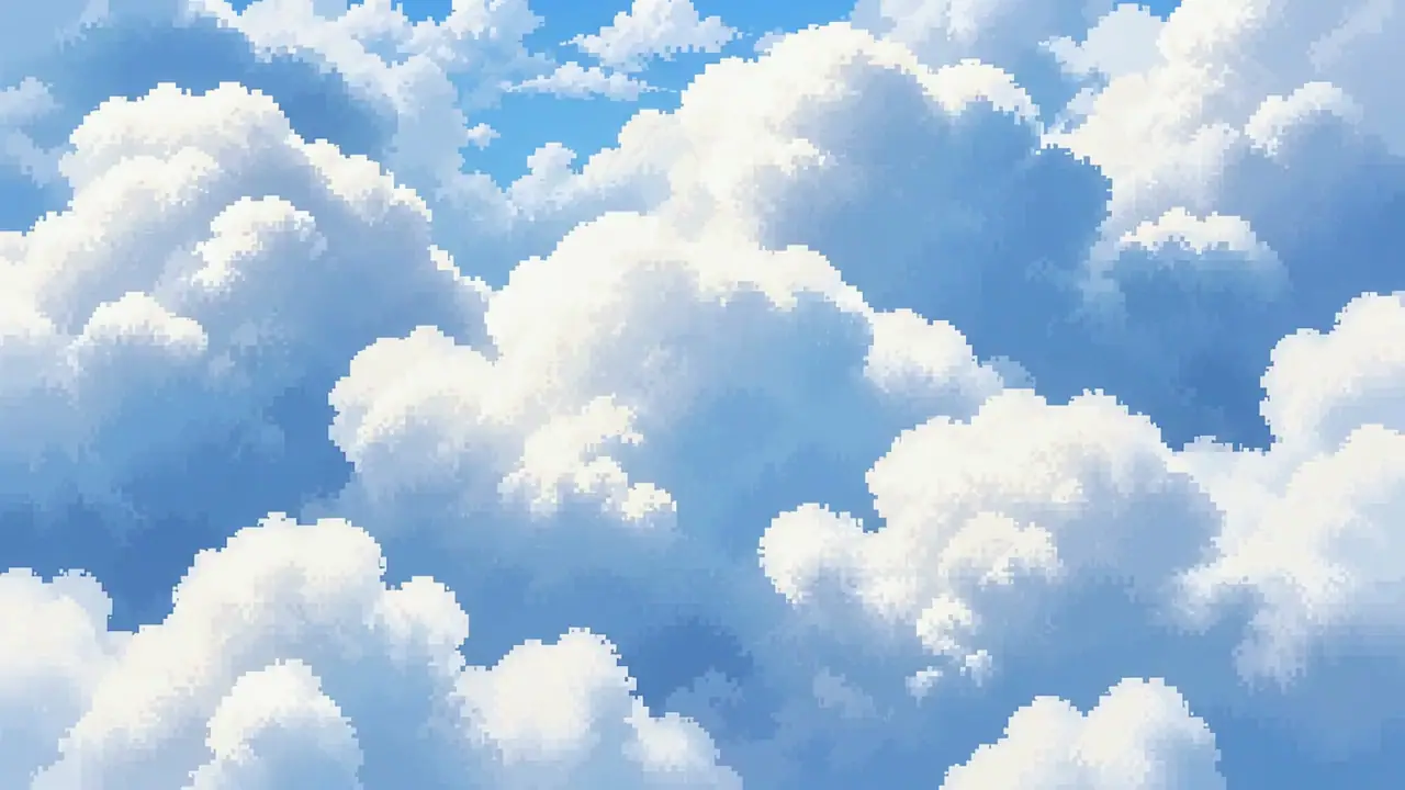 From the sky down through the clouds onto a virtual conference venue, then along a busy walkway between glowing halls towards the main stage and its fountain