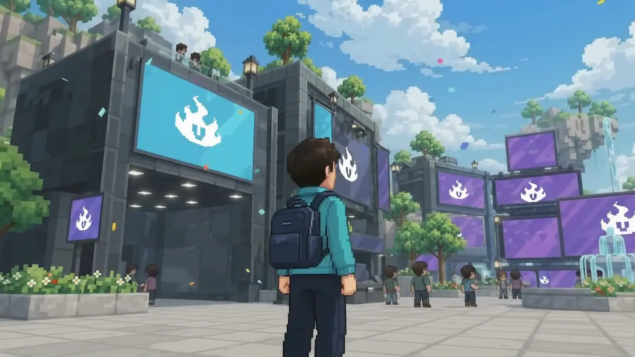 A visitor in a teal jacket stands among brick halls and giant screens, looking up at waterfalls and sky gardens as the camera circles round to their smiling face