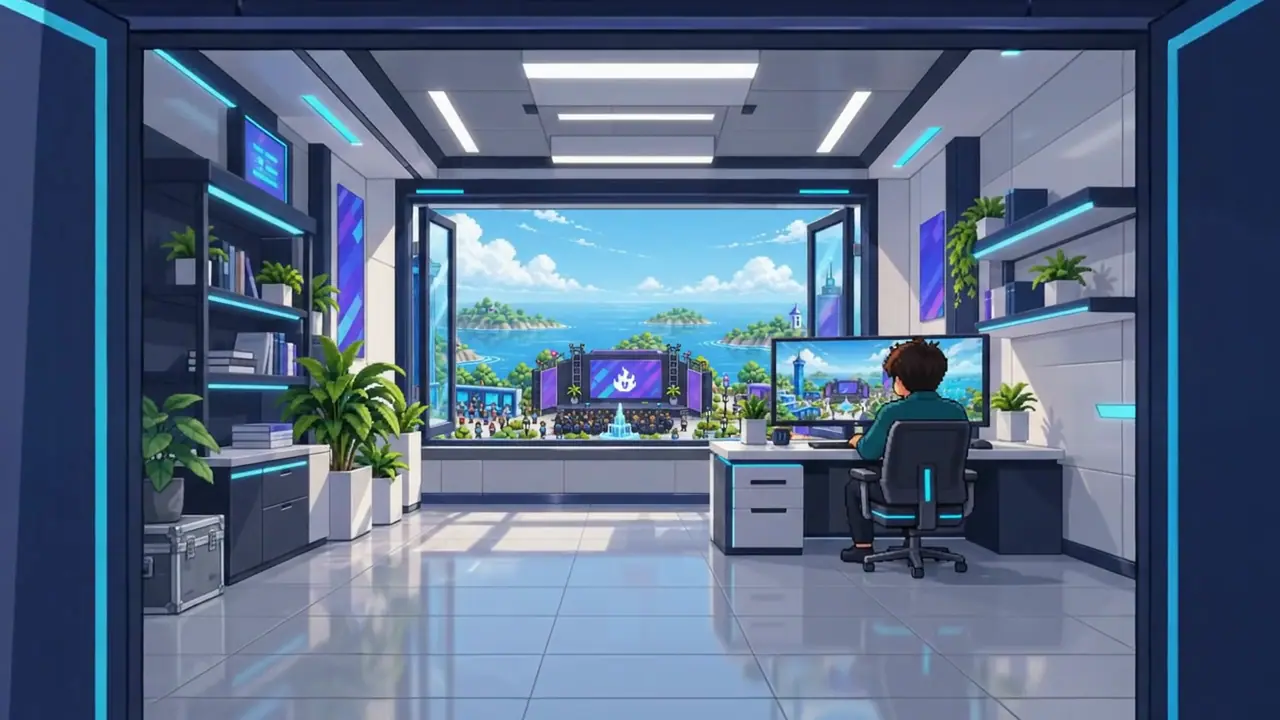 A camera move through the doors of a hall into a sunlit room where someone works at their desk, then out through the open window over the whole venue, its main stage and the sea